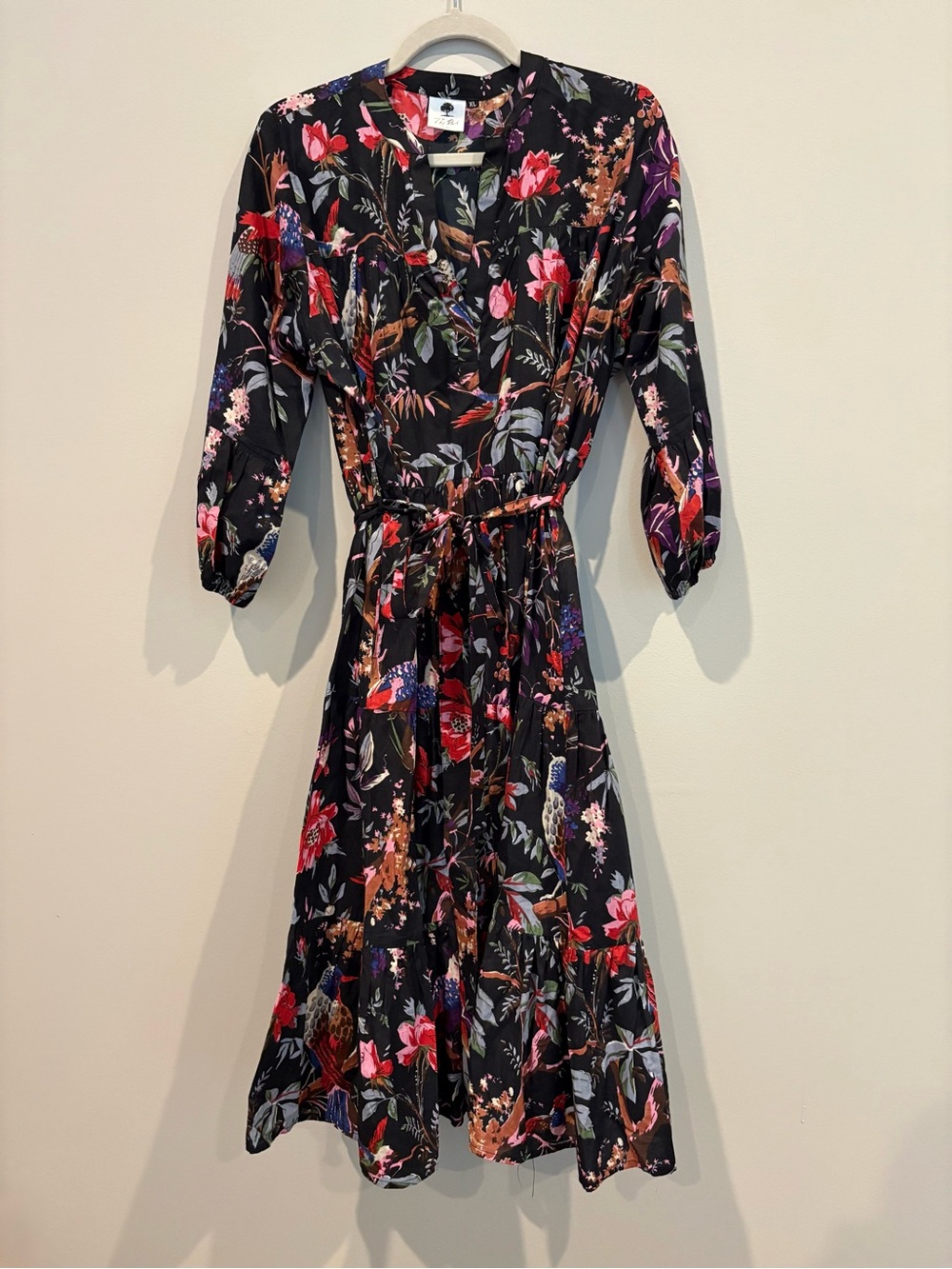 Roots Black Floral Midi Dress with Tie Waist